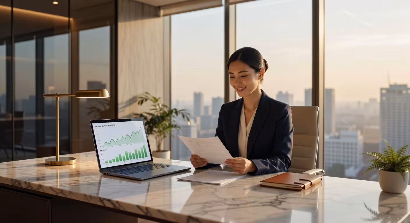young professional woman reviewing financial documents at sleek marble desk with laptop, charts show