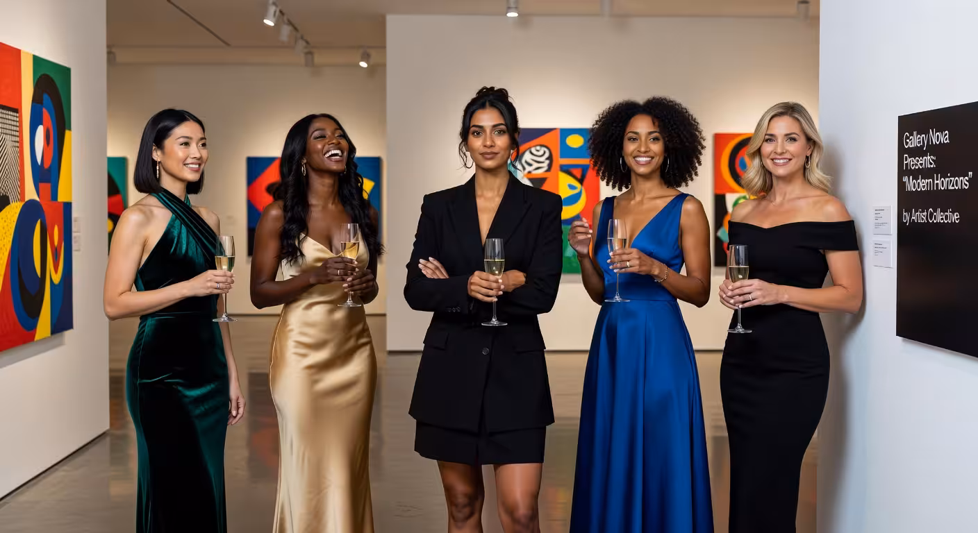 diverse group of stylish millennial women in elegant evening wear at exclusive art gallery opening, 