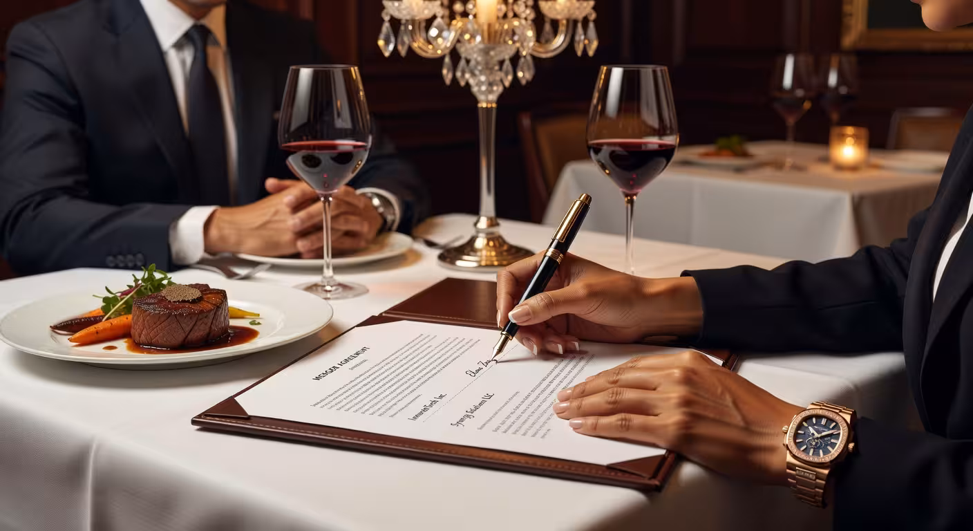 close-up of woman's hands negotiating contract signing at expensive restaurant table, luxury watch v