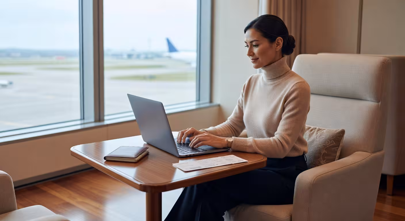 elegant woman in quiet luxury outfit working on MacBook in first-class airline lounge, passport and 